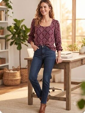 Loft Burgundy Floral Print Rounded Square Neck Blouse Medium
